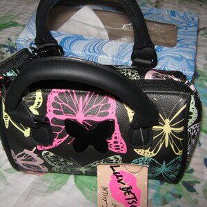 NWT Luv Betsey Black with Butterflies Harley Bararel Crossbody